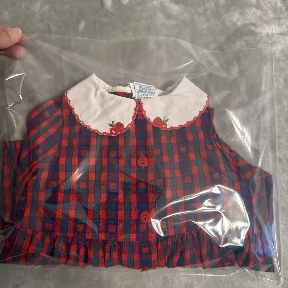 1990's Vtg OshKosh B'gosh 90s Baby Apple Plaid Peter Pan Collar Bubble 12M USA